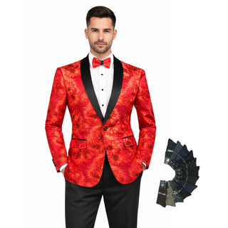 Men's Luxury Embroidery Slim Blazer Tuxedo Wedding Prom Jacket Bow Tie & Socks RED