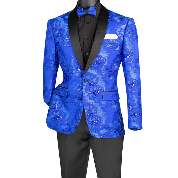 Men's Luxury Embroidery Slim Blazer Tuxedo Wedding Prom Jacket Bow Tie & Socks ROYAL