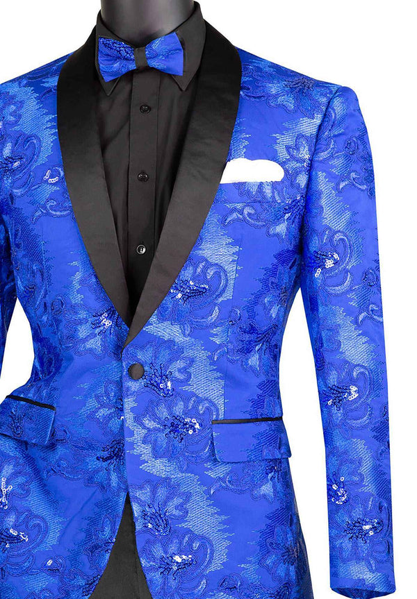 Men's Luxury Embroidery Slim Blazer Tuxedo Wedding Prom Jacket Bow Tie & Socks ROYAL