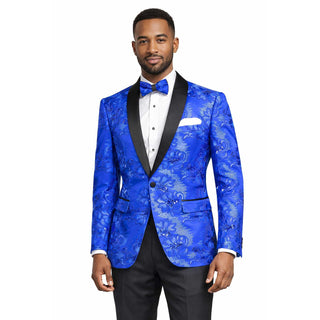 Men's Luxury Embroidery Slim Blazer Tuxedo Wedding Prom Jacket Bow Tie & Socks ROYAL