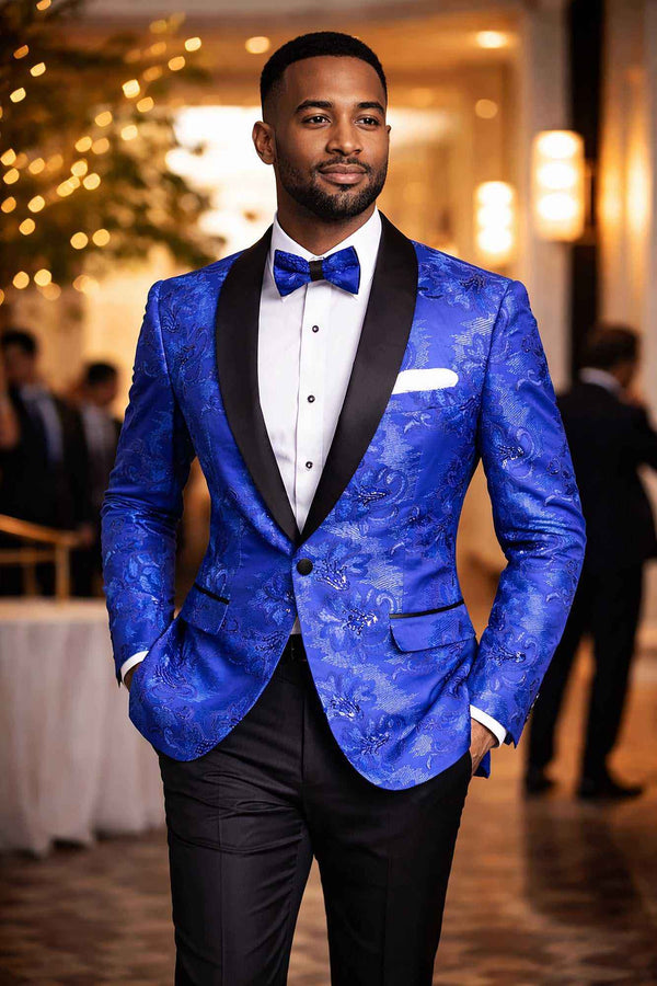 Men's Luxury Embroidery Slim Blazer Tuxedo Wedding Prom Jacket Bow Tie & Socks ROYAL
