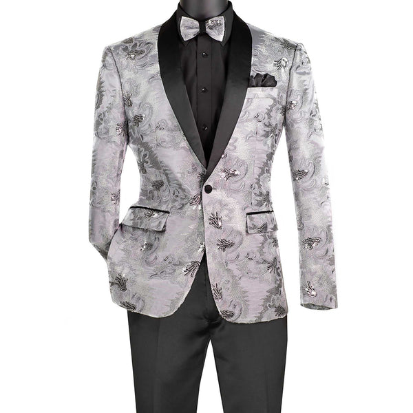 Men's Luxury Embroidery Slim Blazer Tuxedo Wedding Prom Jacket Bow Tie & Socks SILVER