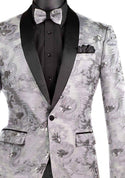 Men's Luxury Embroidery Slim Blazer Tuxedo Wedding Prom Jacket Bow Tie & Socks SILVER