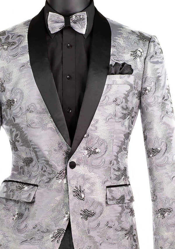 Men's Luxury Embroidery Slim Blazer Tuxedo Wedding Prom Jacket Bow Tie & Socks SILVER