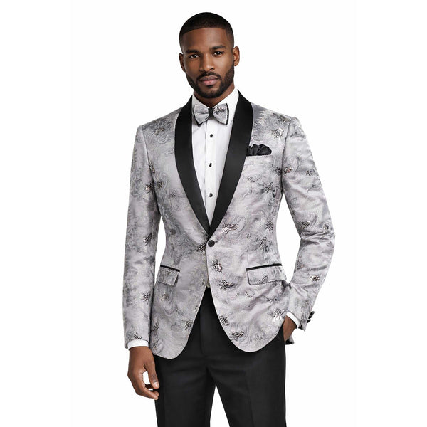 Men's Luxury Embroidery Slim Blazer Tuxedo Wedding Prom Jacket Bow Tie & Socks SILVER