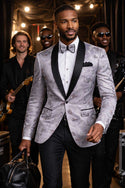 Men's Luxury Embroidery Slim Blazer Tuxedo Wedding Prom Jacket Bow Tie & Socks SILVER
