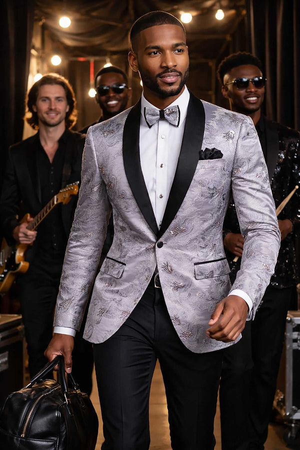 Men's Luxury Embroidery Slim Blazer Tuxedo Wedding Prom Jacket Bow Tie & Socks SILVER
