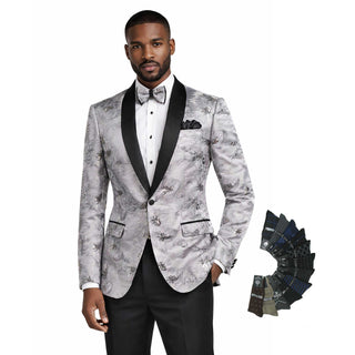 Men's Luxury Embroidery Slim Blazer Tuxedo Wedding Prom Jacket Bow Tie & Socks SILVER