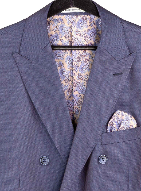 Luxurious Men's Sharkskin Double Breasted 4x6 Regular-Fit Suit, Adj Waist + FREE SOCKS - SMOKE BLUE