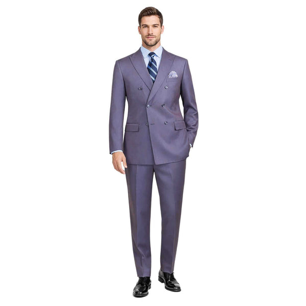 Luxurious Men's Sharkskin Double Breasted 4x6 Regular-Fit Suit, Adj Waist + FREE SOCKS - SMOKE BLUE