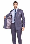 Luxurious Men's Sharkskin Double Breasted 4x6 Regular-Fit Suit, Adj Waist + FREE SOCKS - SMOKE BLUE