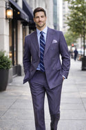 Luxurious Men's Sharkskin Double Breasted 4x6 Regular-Fit Suit, Adj Waist + FREE SOCKS - SMOKE BLUE