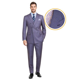 Luxurious Men's Sharkskin Double Breasted 4x6 Regular-Fit Suit, Adj Waist + FREE SOCKS - SMOKE BLUE