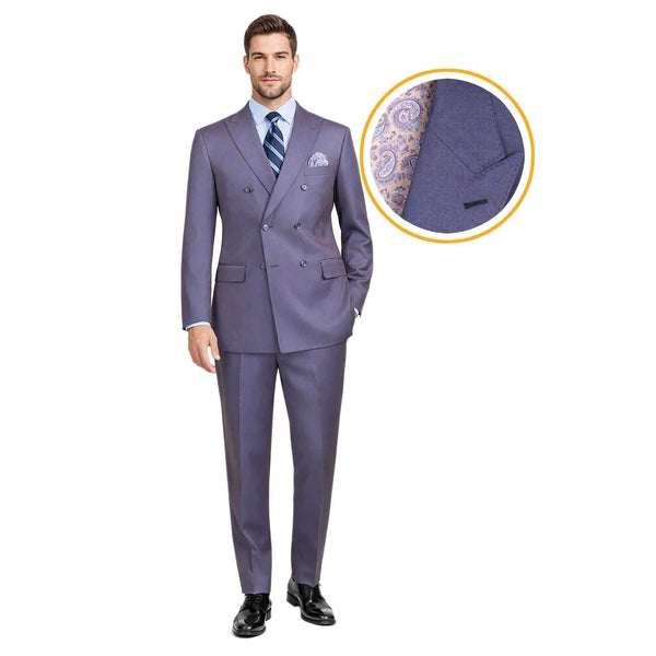 Luxurious Men's Sharkskin Double Breasted 4x6 Regular-Fit Suit, Adj Waist + FREE SOCKS - SMOKE BLUE