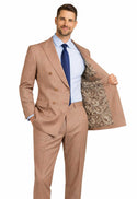 Luxurious Men's Sharkskin Double Breasted 4x6 Regular-Fit Suit, Adj Waist, Free Socks - MOCHA