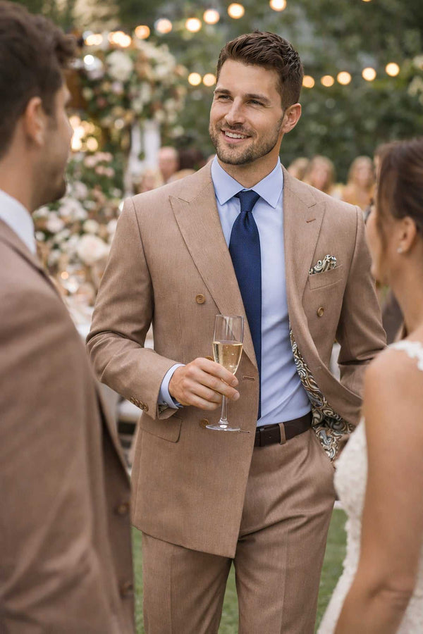 Luxurious Men's Sharkskin Double Breasted 4x6 Regular-Fit Suit, Adj Waist, Free Socks - MOCHA