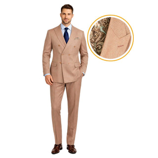 Luxurious Men's Sharkskin Double Breasted 4x6 Regular-Fit Suit, Adj Waist, Free Socks - MOCHA
