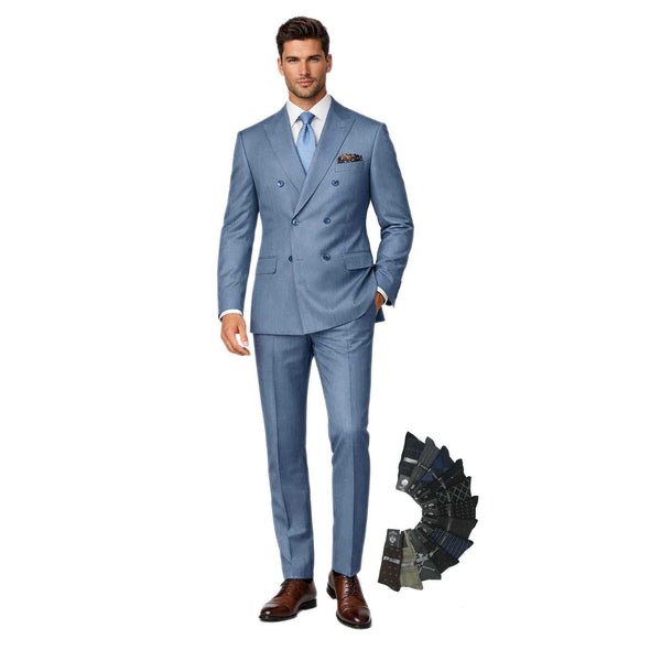 Luxurious Men's Sharkskin Double Breasted 4x6 Regular-Fit Suit, Adj Waist, Free Socks - MOCHA