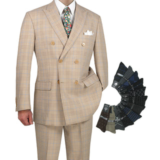 Luxurious Men's Double-Breasted Glen Plaid Suit Beige