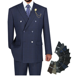 Luxurious Men's Double-Breasted Glen Plaid Suit Navy