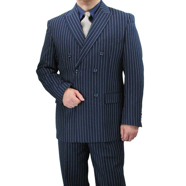 Navy pinstripe suit on a white background
