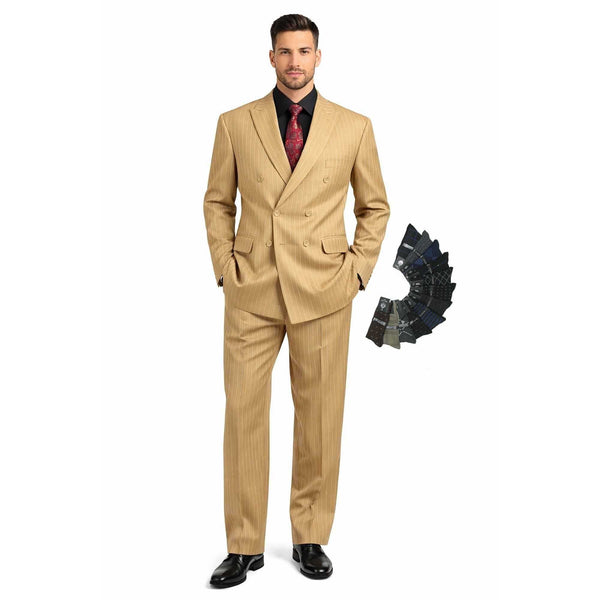 Men's Double Breasted Pinstripe Suit 6x2, Regular-Fit, Adjust Waist, CAMEL