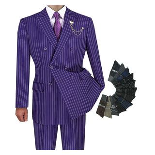 Purple pinstripe suit with matching tie and a set of socks on a white background