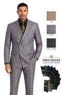 Men's Double Breasted Glen Plaid Suit 6x2, Regular-Fit, Adjust Waist, Free Socks