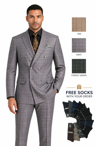 Men's Double Breasted Glen Plaid Suit 6x2, Regular-Fit, Adjust Waist, Free Socks