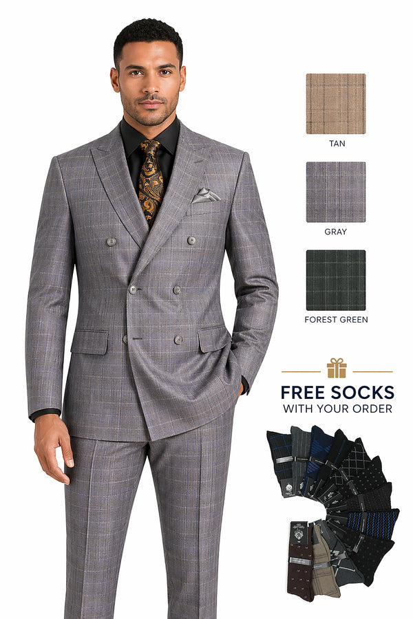 Men's Double Breasted Glen Plaid Suit 6x2, Regular-Fit, Adjust Waist, Free Socks