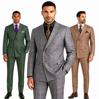 Men's Double Breasted Glen Plaid Suit 6x2, Regular-Fit, Adjust Waist, Free Socks