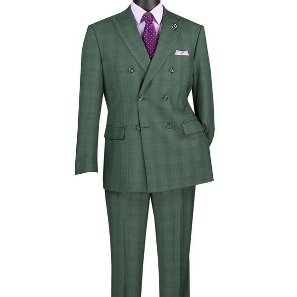Men's Double Breasted Glen Plaid Suit 6x2, Regular-Fit, Adjust Waist, Free Socks -FORREST GREEN