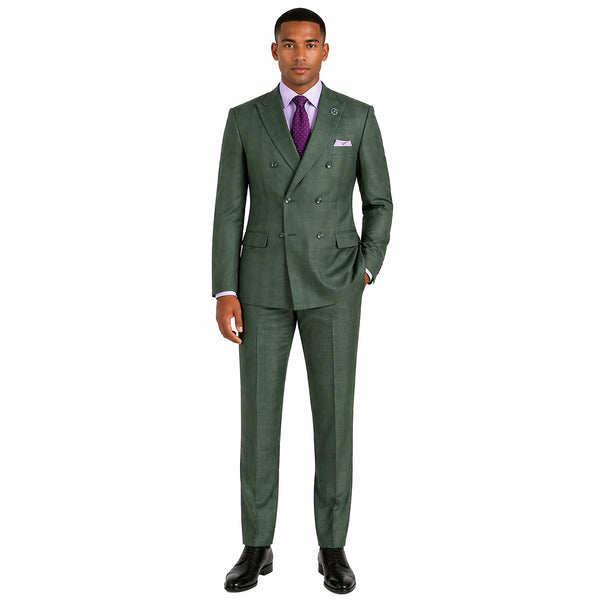 Men's Double Breasted Glen Plaid Suit 6x2, Regular-Fit, Adjust Waist, Free Socks -FORREST GREEN