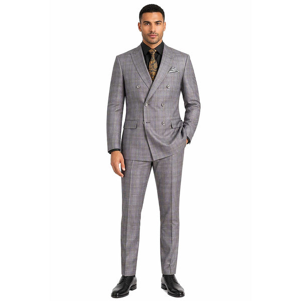 Men's Double Breasted Glen Plaid Suit 6x2, Regular-Fit, Adjust Waist, Free Socks