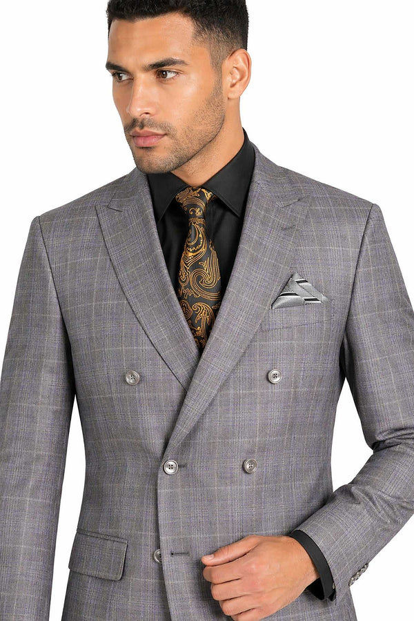 Men's Double Breasted Glen Plaid Suit 6x2, Regular-Fit, Adjust Waist, Free Socks