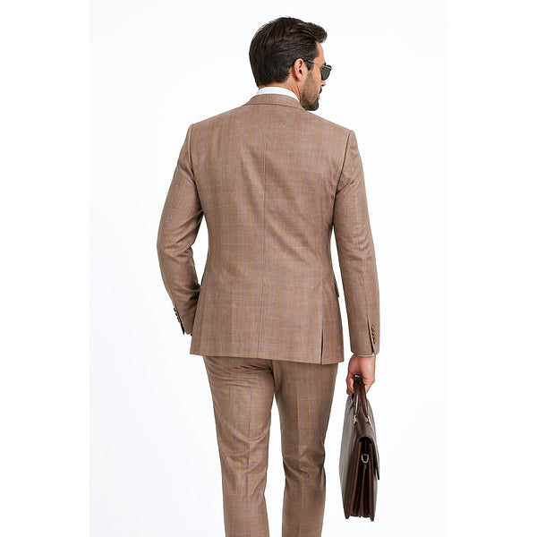 Men's Double Breasted Glen Plaid Suit 6x2, Regular-Fit, Adjust Waist, Free Socks-TAN