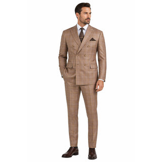 Men's Double Breasted Glen Plaid Suit 6x2, Regular-Fit, Adjust Waist, Free Socks-TAN