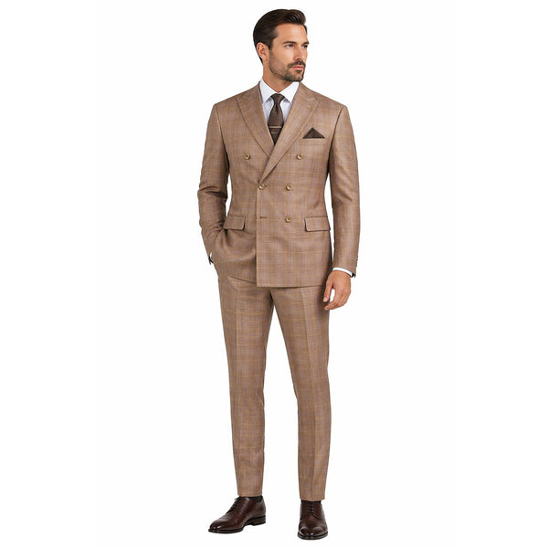 Men's Double Breasted Glen Plaid Suit 6x2, Regular-Fit, Adjust Waist, Free Socks-TAN