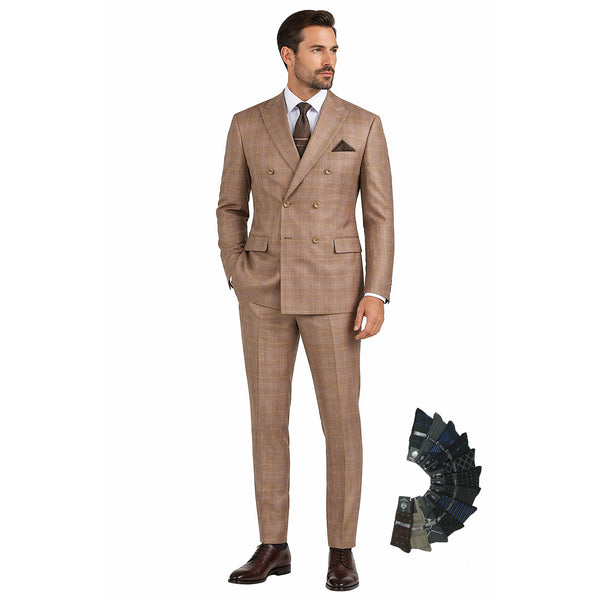 Men's Double Breasted Glen Plaid Suit 6x2, Regular-Fit, Adjust Waist, Free Socks-TAN