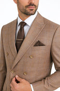 Men's Double Breasted Glen Plaid Suit 6x2, Regular-Fit, Adjust Waist, Free Socks-TAN