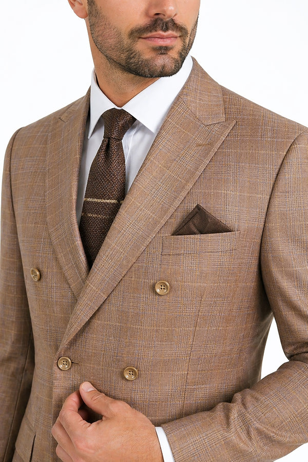 Men's Double Breasted Glen Plaid Suit 6x2, Regular-Fit, Adjust Waist, Free Socks-TAN