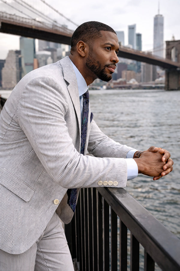 Men's Seersucker Striped Suit 2-PC Modern-Fit, Adjustable Waist, Free Socks, GREEN