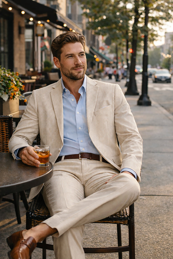Men's Seersucker Striped Suit 2-PC Modern-Fit, Adjustable Waist, Free Socks, TAN