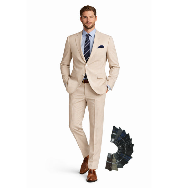 Men's Seersucker Striped Suit 2-PC Modern-Fit, Adjustable Waist, Free Socks, TAN