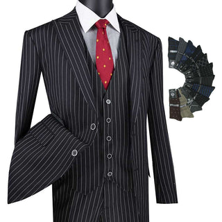 Luxurious Men's 3-Pieces Gangster Stripe Suit Black Triple Blessings