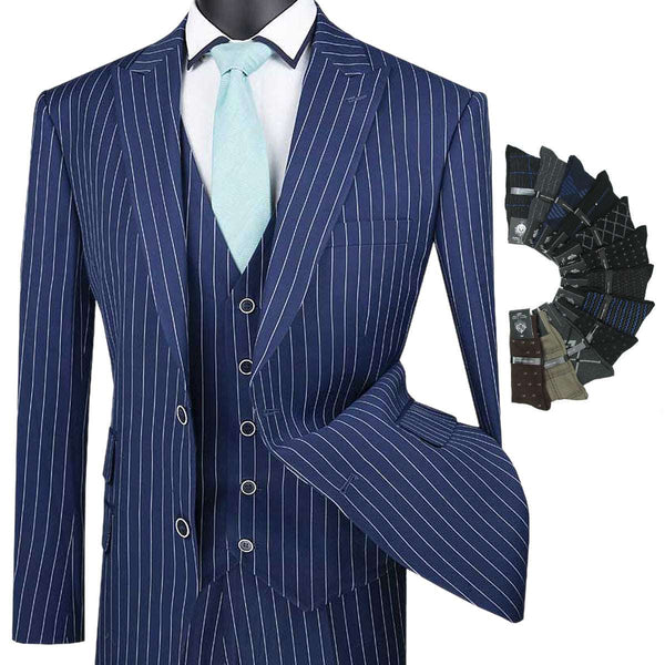 Luxurious Men's 3-Pieces Gangster Stripe Suit Blue Triple Blessings