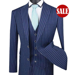 Luxurious Men's 3-Pieces Gangster Stripe Suit - Blue Triple Blessings