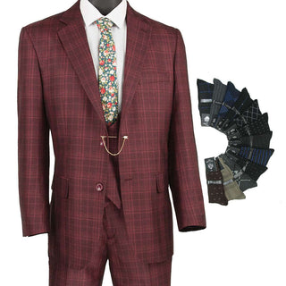 Luxurious Men's 3-Pieces Glen Plaid Suit Burgundy Triple Blessings