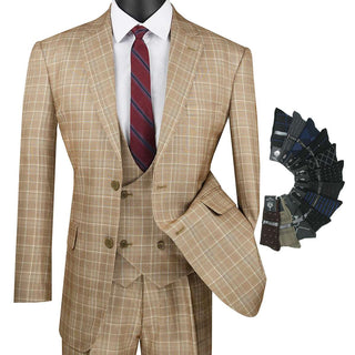 Luxurious Men's 3-Pieces Glen Plaid Suit Camel Triple Blessings