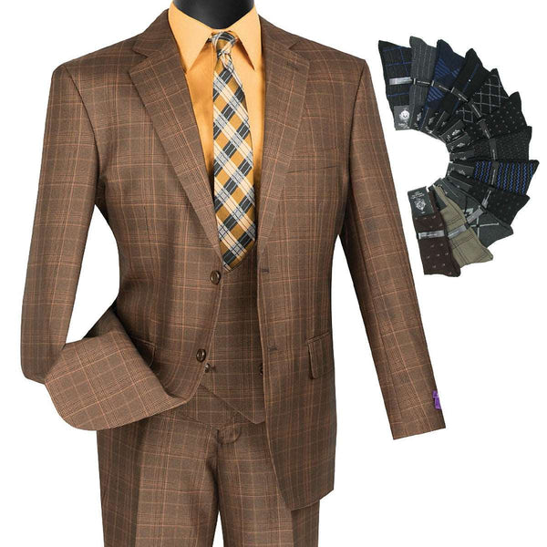 Luxurious Men's 3-Pieces Glen Plaid Suit Chestnut Triple Blessings